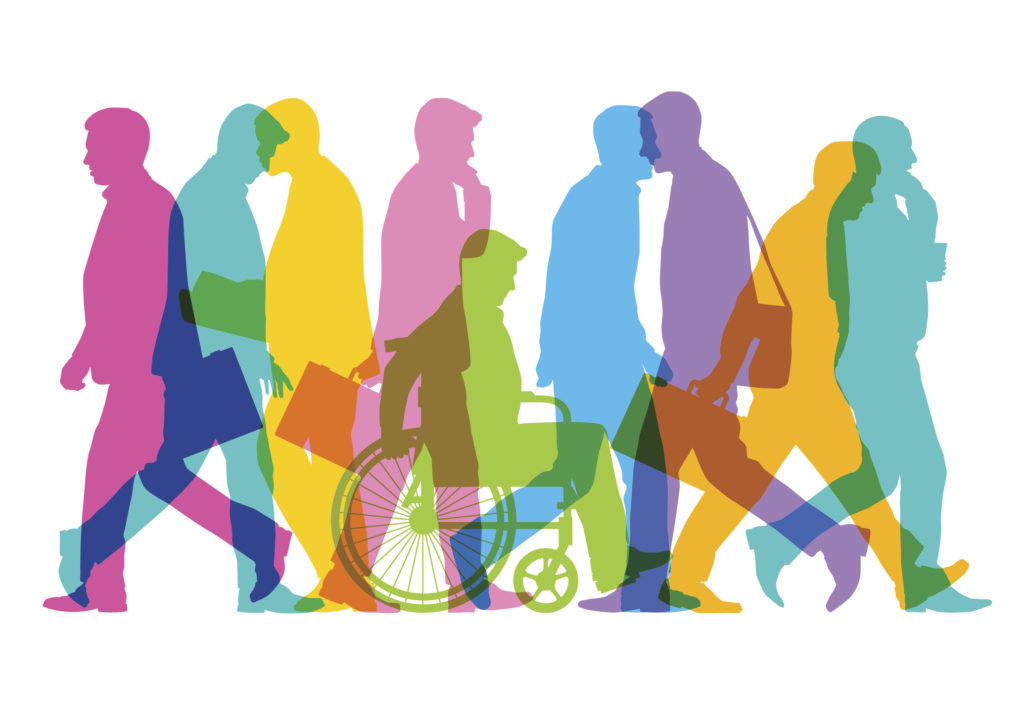 Colourful overlapping silhouettes of business people with wheelchair user. 